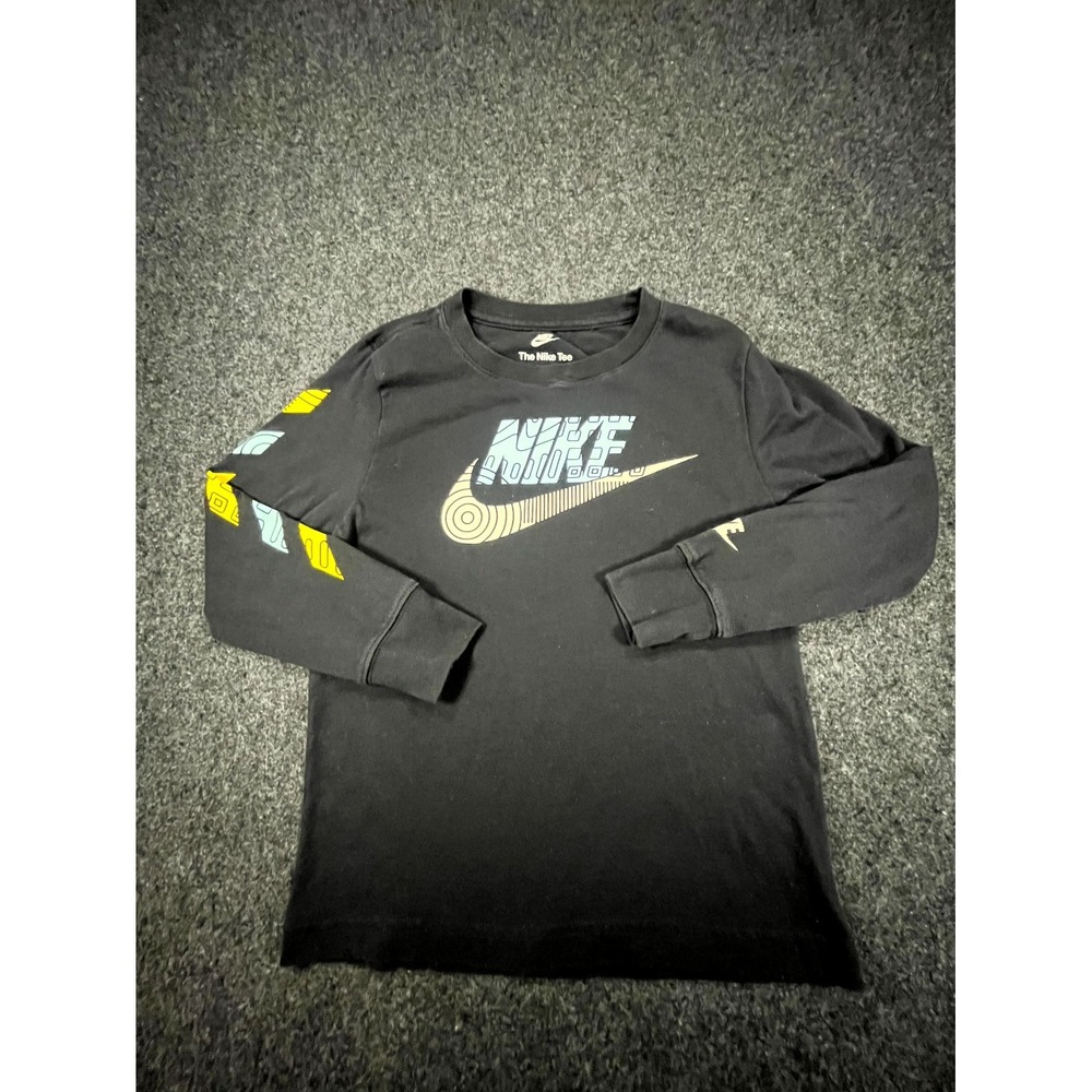 Nike T-Shirt Kids Size 7 Black Swoosh Graphic Logo Cotton Blend Long Sleeve Tee